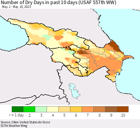 Azerbaijan, Armenia and Georgia Number of Dry Days in past 10 days (USAF 557th WW) Thematic Map For 5/6/2023 - 5/10/2023