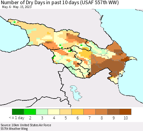 Azerbaijan, Armenia and Georgia Number of Dry Days in past 10 days (USAF 557th WW) Thematic Map For 5/11/2023 - 5/15/2023