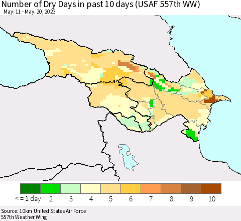 Azerbaijan, Armenia and Georgia Number of Dry Days in past 10 days (USAF 557th WW) Thematic Map For 5/16/2023 - 5/20/2023