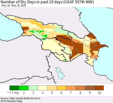 Azerbaijan, Armenia and Georgia Number of Dry Days in past 10 days (USAF 557th WW) Thematic Map For 5/21/2023 - 5/25/2023