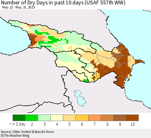 Azerbaijan, Armenia and Georgia Number of Dry Days in past 10 days (USAF 557th WW) Thematic Map For 5/26/2023 - 5/31/2023