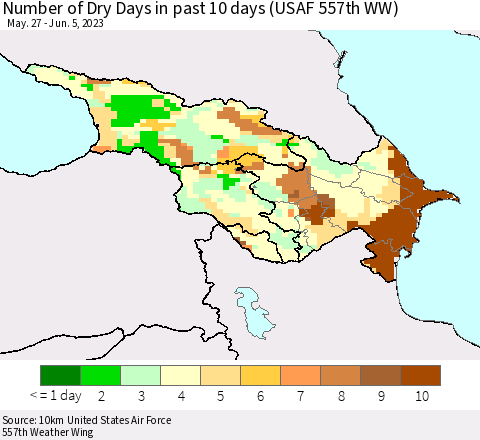 Azerbaijan, Armenia and Georgia Number of Dry Days in past 10 days (USAF 557th WW) Thematic Map For 6/1/2023 - 6/5/2023