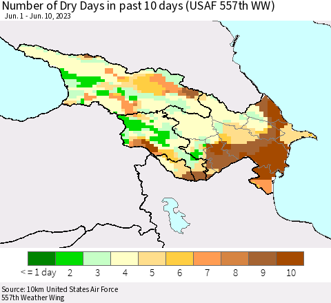 Azerbaijan, Armenia and Georgia Number of Dry Days in past 10 days (USAF 557th WW) Thematic Map For 6/6/2023 - 6/10/2023