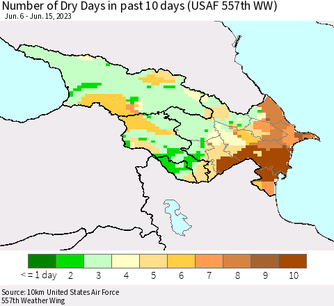 Azerbaijan, Armenia and Georgia Number of Dry Days in past 10 days (USAF 557th WW) Thematic Map For 6/11/2023 - 6/15/2023