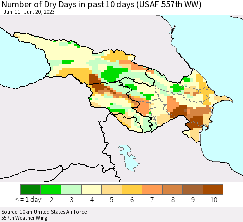 Azerbaijan, Armenia and Georgia Number of Dry Days in past 10 days (USAF 557th WW) Thematic Map For 6/16/2023 - 6/20/2023