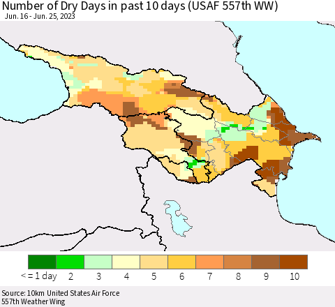 Azerbaijan, Armenia and Georgia Number of Dry Days in past 10 days (USAF 557th WW) Thematic Map For 6/21/2023 - 6/25/2023