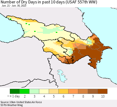 Azerbaijan, Armenia and Georgia Number of Dry Days in past 10 days (USAF 557th WW) Thematic Map For 6/26/2023 - 6/30/2023