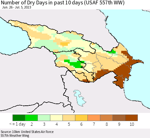Azerbaijan, Armenia and Georgia Number of Dry Days in past 10 days (USAF 557th WW) Thematic Map For 7/1/2023 - 7/5/2023