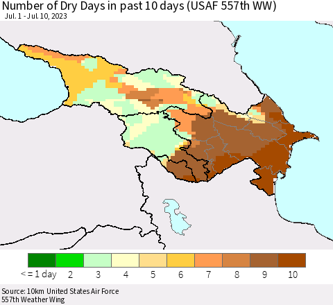 Azerbaijan, Armenia and Georgia Number of Dry Days in past 10 days (USAF 557th WW) Thematic Map For 7/6/2023 - 7/10/2023