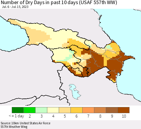Azerbaijan, Armenia and Georgia Number of Dry Days in past 10 days (USAF 557th WW) Thematic Map For 7/11/2023 - 7/15/2023