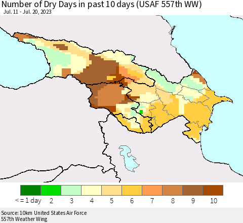 Azerbaijan, Armenia and Georgia Number of Dry Days in past 10 days (USAF 557th WW) Thematic Map For 7/16/2023 - 7/20/2023