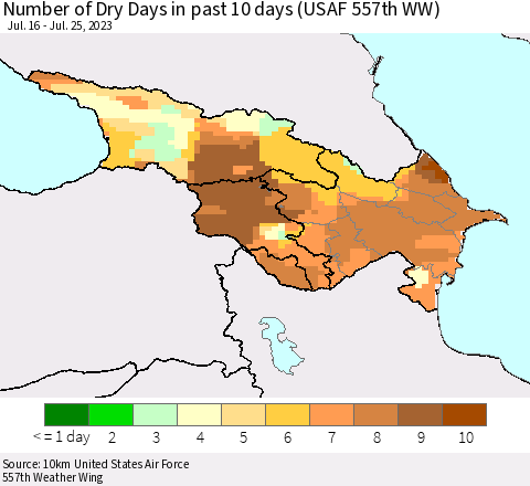 Azerbaijan, Armenia and Georgia Number of Dry Days in past 10 days (USAF 557th WW) Thematic Map For 7/21/2023 - 7/25/2023