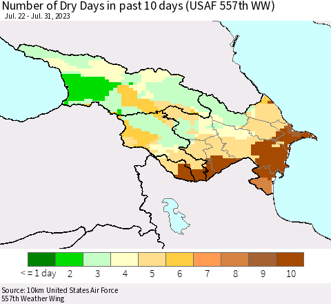 Azerbaijan, Armenia and Georgia Number of Dry Days in past 10 days (USAF 557th WW) Thematic Map For 7/26/2023 - 7/31/2023