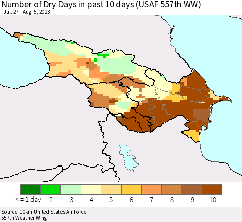Azerbaijan, Armenia and Georgia Number of Dry Days in past 10 days (USAF 557th WW) Thematic Map For 8/1/2023 - 8/5/2023
