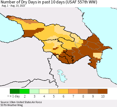 Azerbaijan, Armenia and Georgia Number of Dry Days in past 10 days (USAF 557th WW) Thematic Map For 8/6/2023 - 8/10/2023
