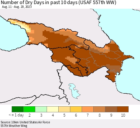 Azerbaijan, Armenia and Georgia Number of Dry Days in past 10 days (USAF 557th WW) Thematic Map For 8/16/2023 - 8/20/2023