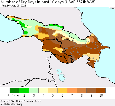 Azerbaijan, Armenia and Georgia Number of Dry Days in past 10 days (USAF 557th WW) Thematic Map For 8/21/2023 - 8/25/2023