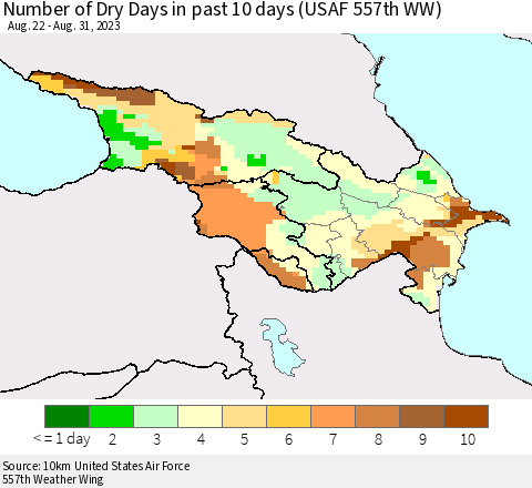 Azerbaijan, Armenia and Georgia Number of Dry Days in past 10 days (USAF 557th WW) Thematic Map For 8/26/2023 - 8/31/2023