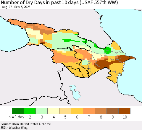 Azerbaijan, Armenia and Georgia Number of Dry Days in past 10 days (USAF 557th WW) Thematic Map For 9/1/2023 - 9/5/2023
