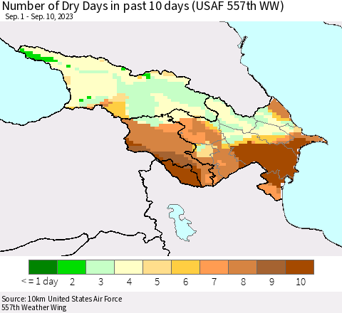 Azerbaijan, Armenia and Georgia Number of Dry Days in past 10 days (USAF 557th WW) Thematic Map For 9/6/2023 - 9/10/2023