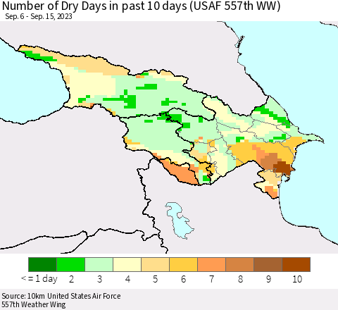 Azerbaijan, Armenia and Georgia Number of Dry Days in past 10 days (USAF 557th WW) Thematic Map For 9/11/2023 - 9/15/2023