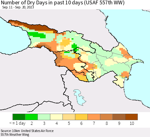 Azerbaijan, Armenia and Georgia Number of Dry Days in past 10 days (USAF 557th WW) Thematic Map For 9/16/2023 - 9/20/2023
