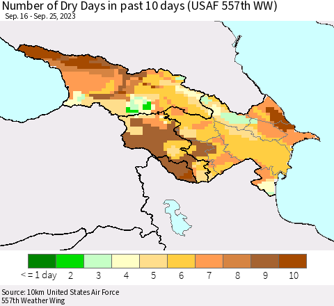 Azerbaijan, Armenia and Georgia Number of Dry Days in past 10 days (USAF 557th WW) Thematic Map For 9/21/2023 - 9/25/2023