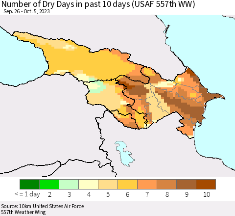 Azerbaijan, Armenia and Georgia Number of Dry Days in past 10 days (USAF 557th WW) Thematic Map For 10/1/2023 - 10/5/2023