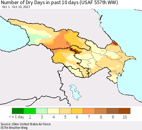Azerbaijan, Armenia and Georgia Number of Dry Days in past 10 days (USAF 557th WW) Thematic Map For 10/6/2023 - 10/10/2023