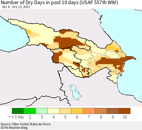 Azerbaijan, Armenia and Georgia Number of Dry Days in past 10 days (USAF 557th WW) Thematic Map For 10/11/2023 - 10/15/2023