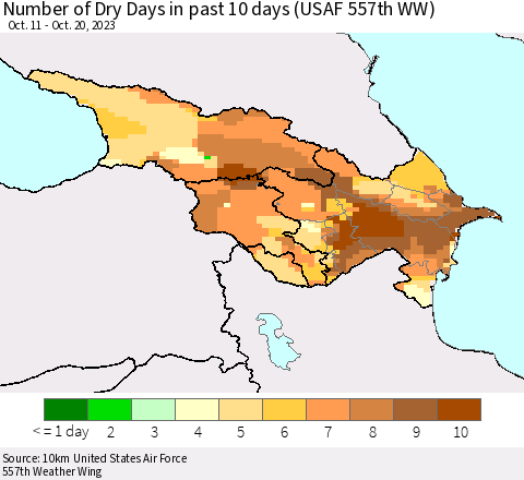 Azerbaijan, Armenia and Georgia Number of Dry Days in past 10 days (USAF 557th WW) Thematic Map For 10/16/2023 - 10/20/2023