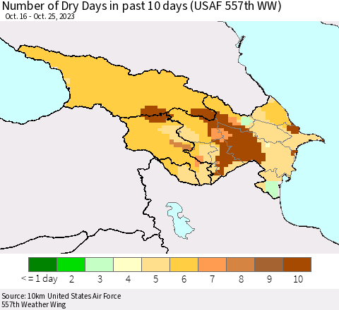 Azerbaijan, Armenia and Georgia Number of Dry Days in past 10 days (USAF 557th WW) Thematic Map For 10/21/2023 - 10/25/2023