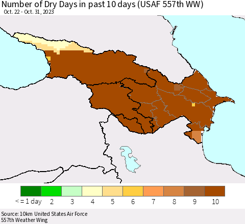 Azerbaijan, Armenia and Georgia Number of Dry Days in past 10 days (USAF 557th WW) Thematic Map For 10/26/2023 - 10/31/2023