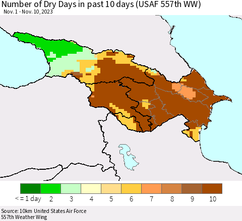 Azerbaijan, Armenia and Georgia Number of Dry Days in past 10 days (USAF 557th WW) Thematic Map For 11/6/2023 - 11/10/2023