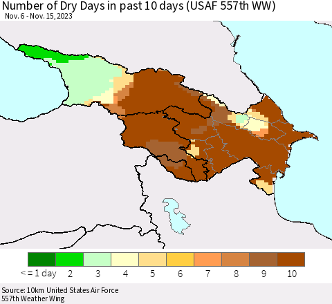 Azerbaijan, Armenia and Georgia Number of Dry Days in past 10 days (USAF 557th WW) Thematic Map For 11/11/2023 - 11/15/2023