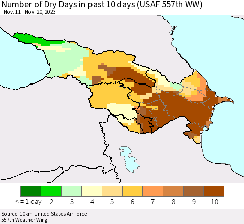 Azerbaijan, Armenia and Georgia Number of Dry Days in past 10 days (USAF 557th WW) Thematic Map For 11/16/2023 - 11/20/2023