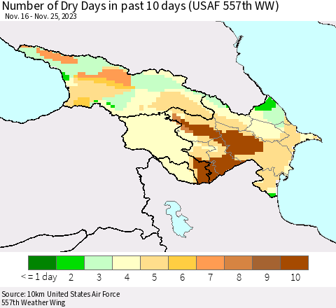 Azerbaijan, Armenia and Georgia Number of Dry Days in past 10 days (USAF 557th WW) Thematic Map For 11/21/2023 - 11/25/2023