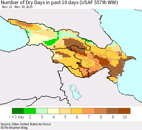 Azerbaijan, Armenia and Georgia Number of Dry Days in past 10 days (USAF 557th WW) Thematic Map For 11/26/2023 - 11/30/2023