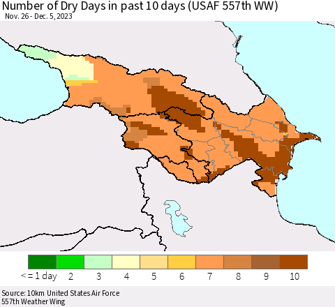 Azerbaijan, Armenia and Georgia Number of Dry Days in past 10 days (USAF 557th WW) Thematic Map For 12/1/2023 - 12/5/2023