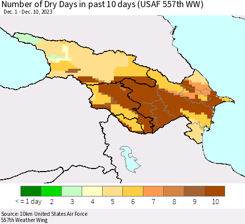 Azerbaijan, Armenia and Georgia Number of Dry Days in past 10 days (USAF 557th WW) Thematic Map For 12/6/2023 - 12/10/2023