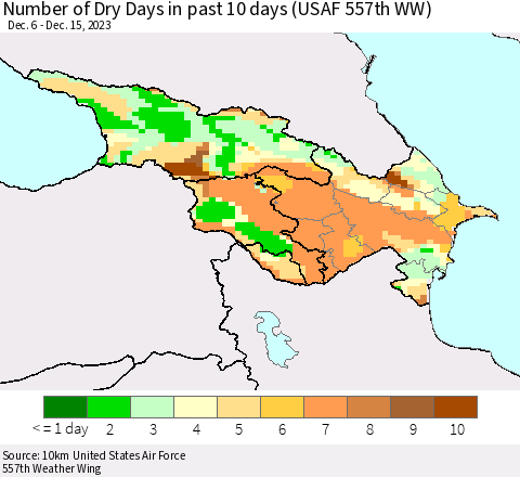 Azerbaijan, Armenia and Georgia Number of Dry Days in past 10 days (USAF 557th WW) Thematic Map For 12/11/2023 - 12/15/2023