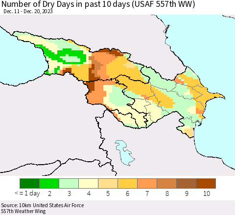 Azerbaijan, Armenia and Georgia Number of Dry Days in past 10 days (USAF 557th WW) Thematic Map For 12/16/2023 - 12/20/2023
