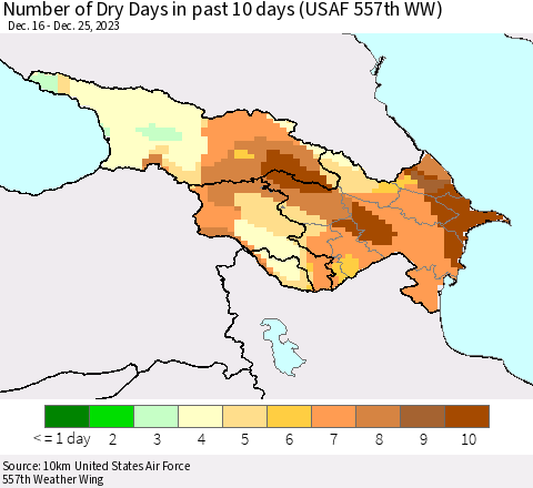 Azerbaijan, Armenia and Georgia Number of Dry Days in past 10 days (USAF 557th WW) Thematic Map For 12/21/2023 - 12/25/2023
