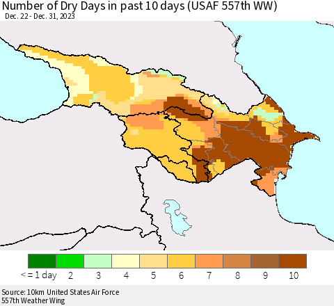 Azerbaijan, Armenia and Georgia Number of Dry Days in past 10 days (USAF 557th WW) Thematic Map For 12/26/2023 - 12/31/2023