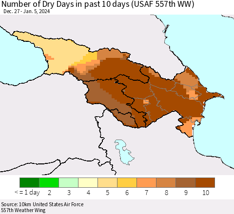 Azerbaijan, Armenia and Georgia Number of Dry Days in past 10 days (USAF 557th WW) Thematic Map For 1/1/2024 - 1/5/2024
