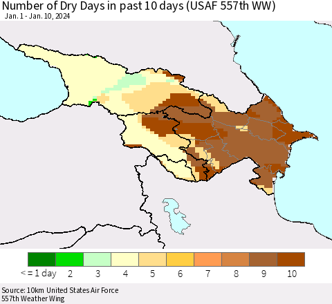 Azerbaijan, Armenia and Georgia Number of Dry Days in past 10 days (USAF 557th WW) Thematic Map For 1/6/2024 - 1/10/2024