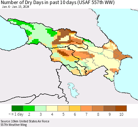 Azerbaijan, Armenia and Georgia Number of Dry Days in past 10 days (USAF 557th WW) Thematic Map For 1/11/2024 - 1/15/2024