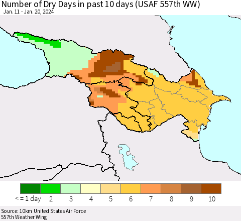 Azerbaijan, Armenia and Georgia Number of Dry Days in past 10 days (USAF 557th WW) Thematic Map For 1/16/2024 - 1/20/2024