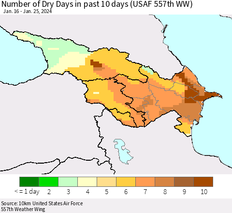 Azerbaijan, Armenia and Georgia Number of Dry Days in past 10 days (USAF 557th WW) Thematic Map For 1/21/2024 - 1/25/2024