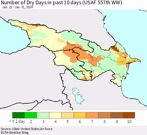 Azerbaijan, Armenia and Georgia Number of Dry Days in past 10 days (USAF 557th WW) Thematic Map For 1/26/2024 - 1/31/2024